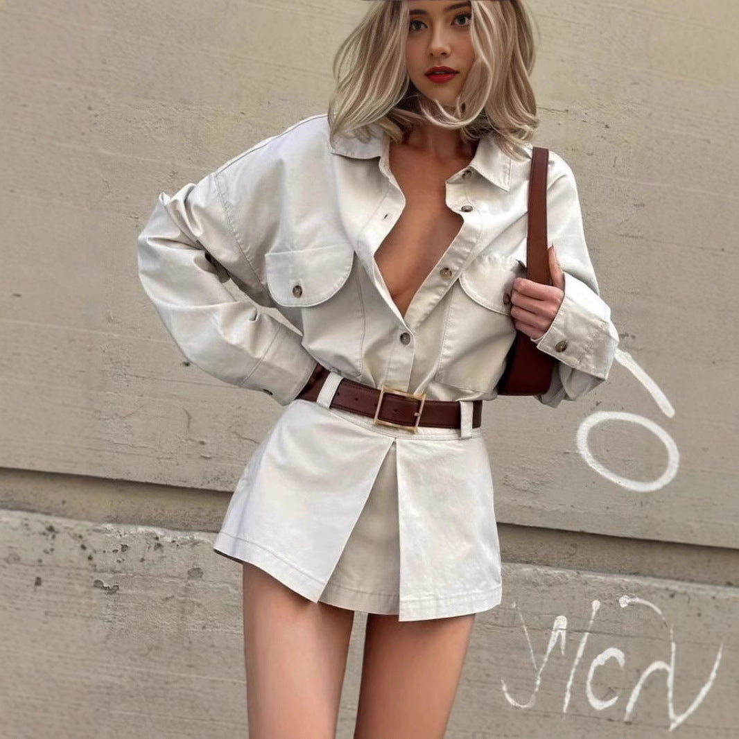 Fashion Personality Street Button Fake Pocket Long Sleeve Shirt Dress