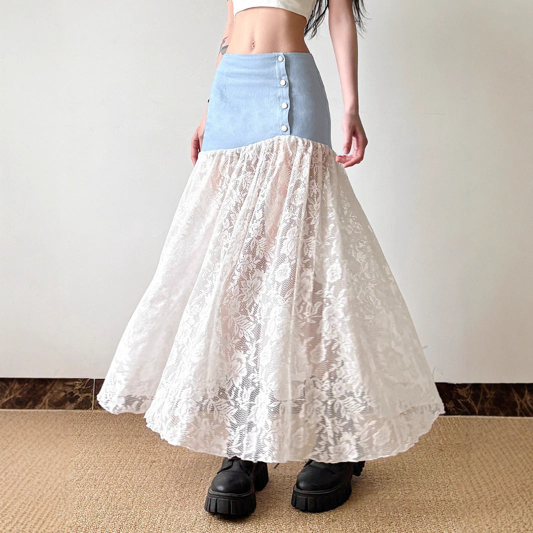 French Style Gentle Low Waist Breasted Denim Stitching Lace A- Line Dress