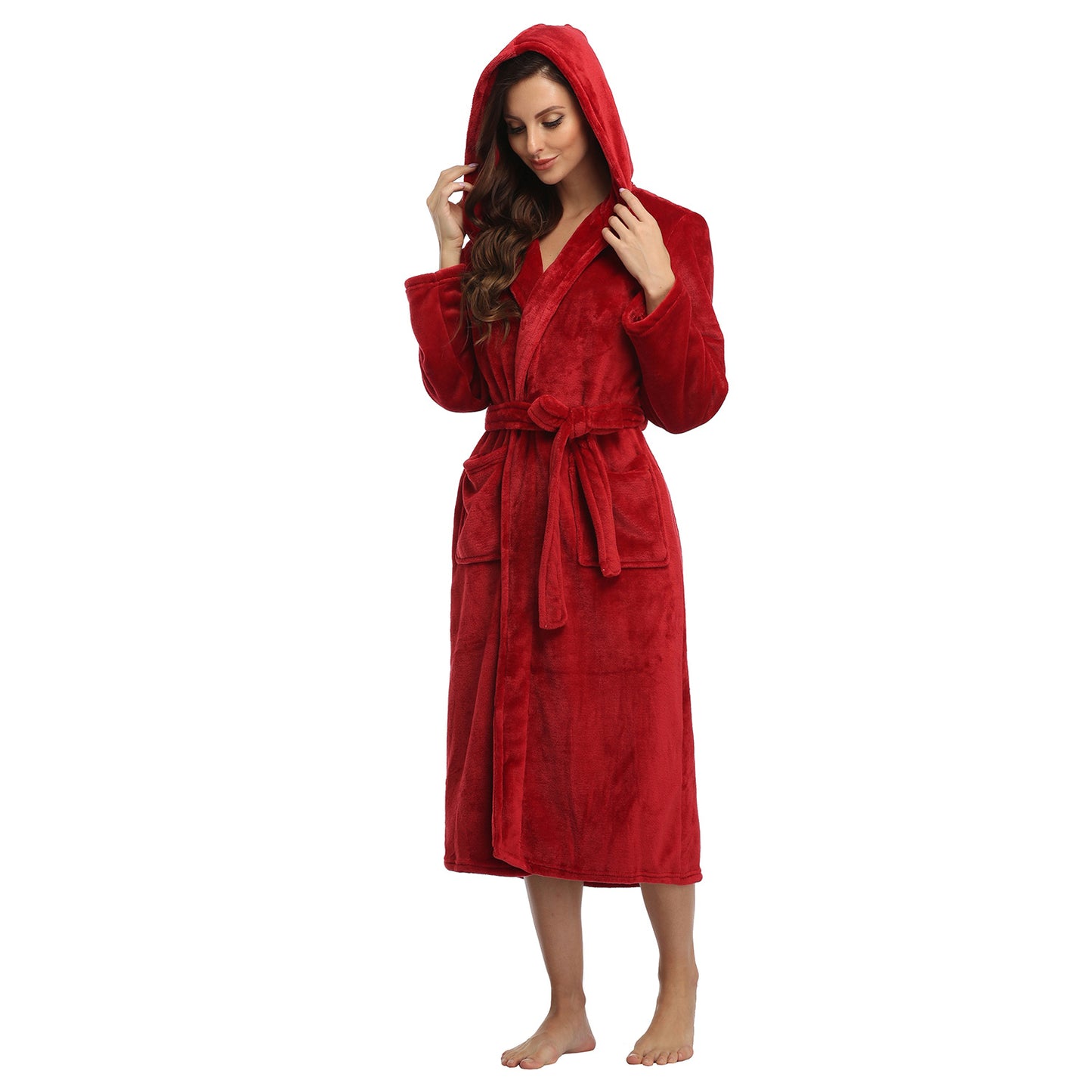 RONGTAI Womens Long Robes Plush Fleece Nightgown Thick Hooded Bathrobe With Pockets Fluffy Sleepwear For Men
