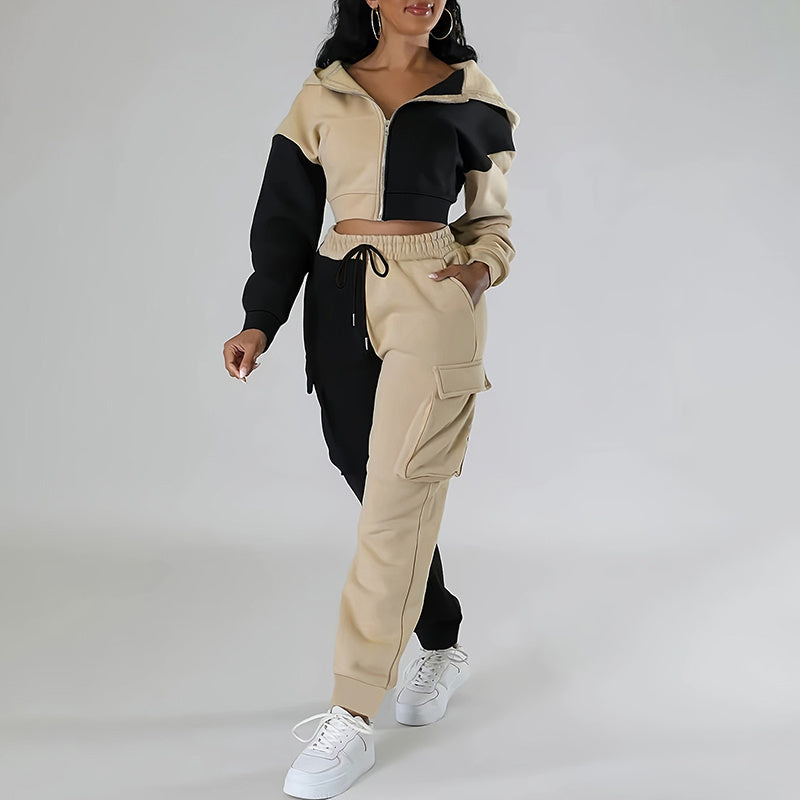 Women's Color Block 2 Piece Set, Full Zip Up Cropped Hoodie Jacket & Drawstring Cargo Pants, Casual Streetwear Outfit