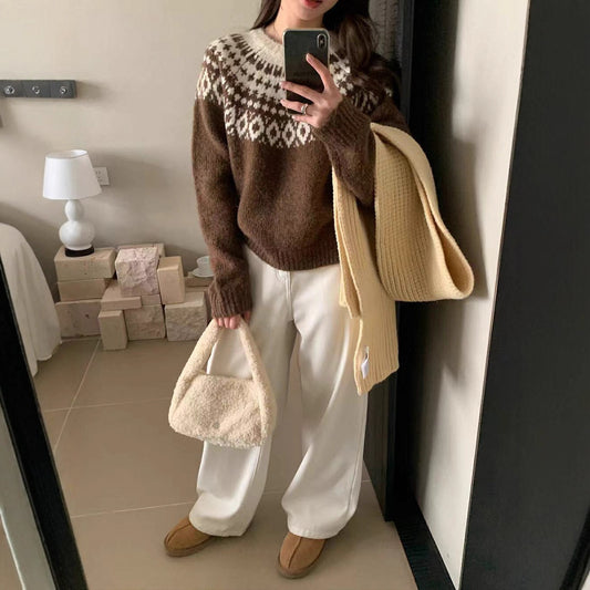 New Round Neck Loose Slimming Christmas Style Knitwear Top