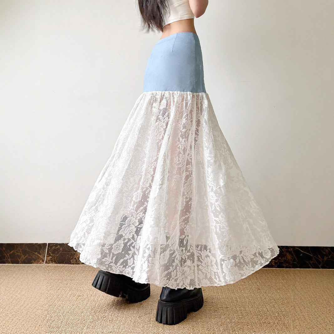 French Style Gentle Low Waist Breasted Denim Stitching Lace A- Line Dress