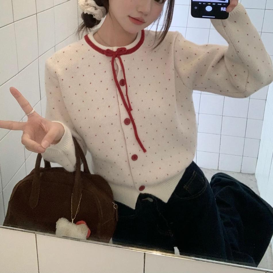 Women's Polka Dot Jacquard Lace-up Single-breasted Knitted Sweater