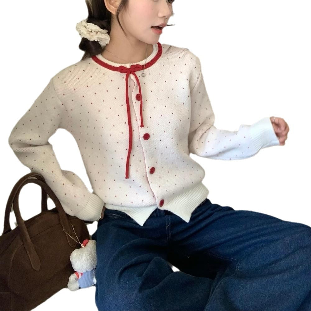 Women's Polka Dot Jacquard Lace-up Single-breasted Knitted Sweater
